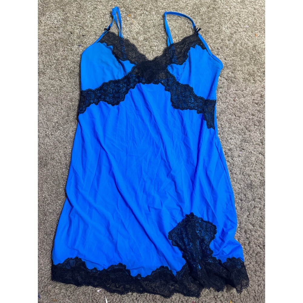 Victorias Secret Blue Black Lace Slip Dress Nightgown June 2011 Vintage Small - Picture 2 of 4